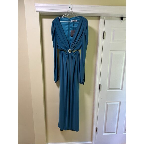 Mac Duggal 26727 Ocean Blue Long Sleeve Formal Evening Dress Size 10 - Picture 1 of 8